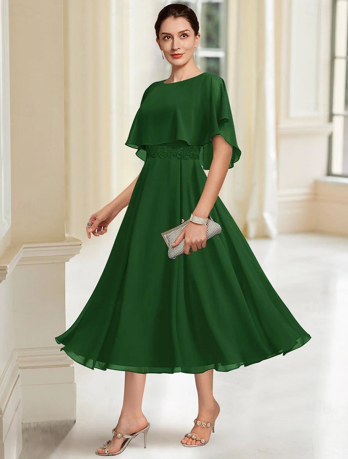 Buyishang A-Line Mother of the Bride Dress Elegant Jewel Neck Tea Length Chiffon Half Sleeve with Lace free custom size